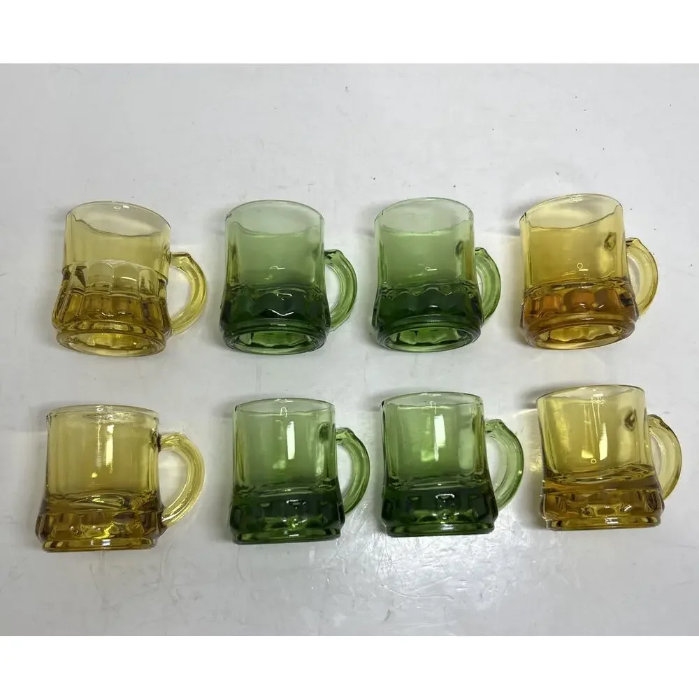Federal Glass Mini Beer Mug Shotglasses Fluted Bottoms 4 Amber, 4 Green- Set 8